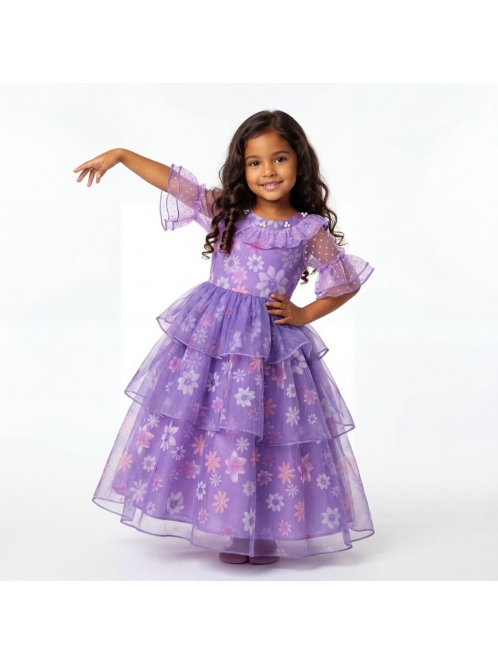 Girls Isabela Encanto Costume Dress Purple Lavender Colorful Floral Tiered Birth